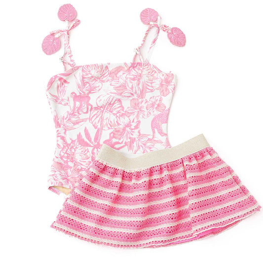 Pink Paradise Swimsuit Crochet Skirt Set