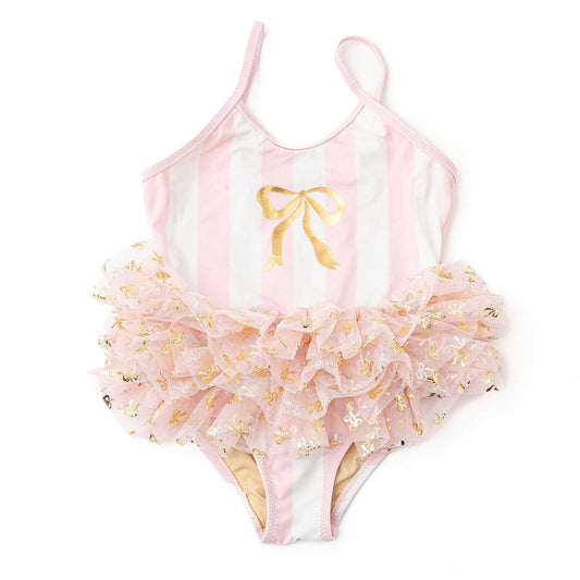 Blush Bow Stripe Tutu Swimsuit