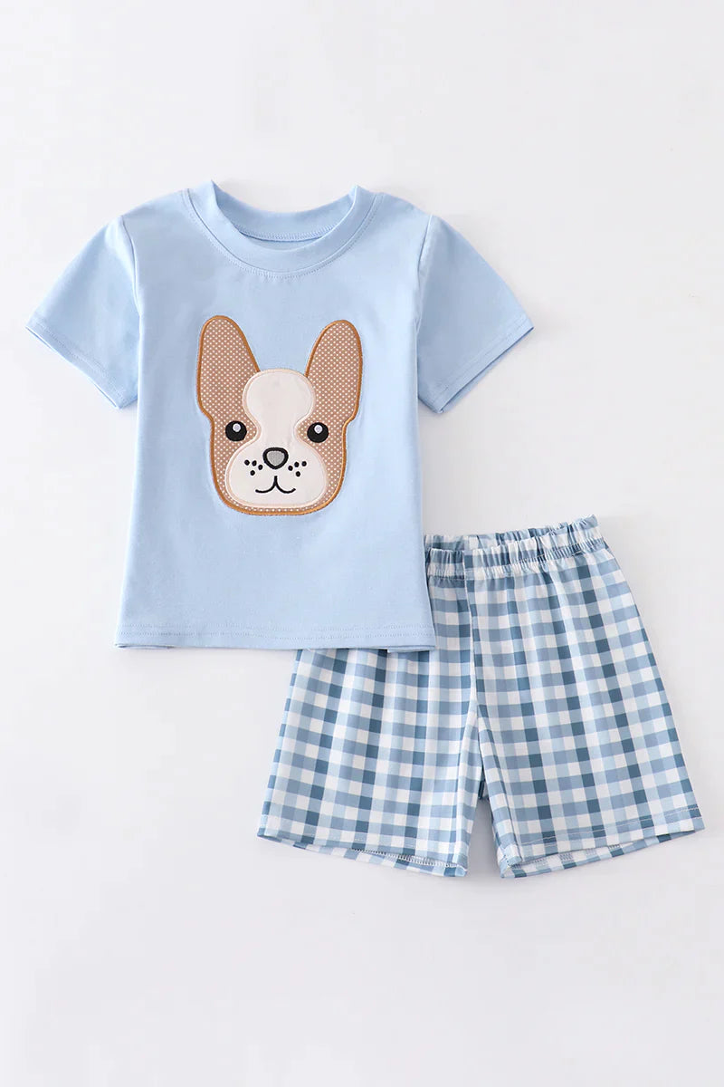 Blue Dog Applique Plaid Short Set