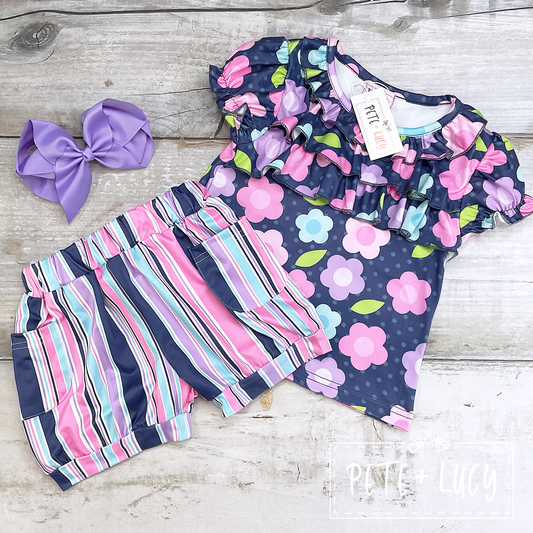 Floral Bouquet & Stripes 2 Piece Shorts Set